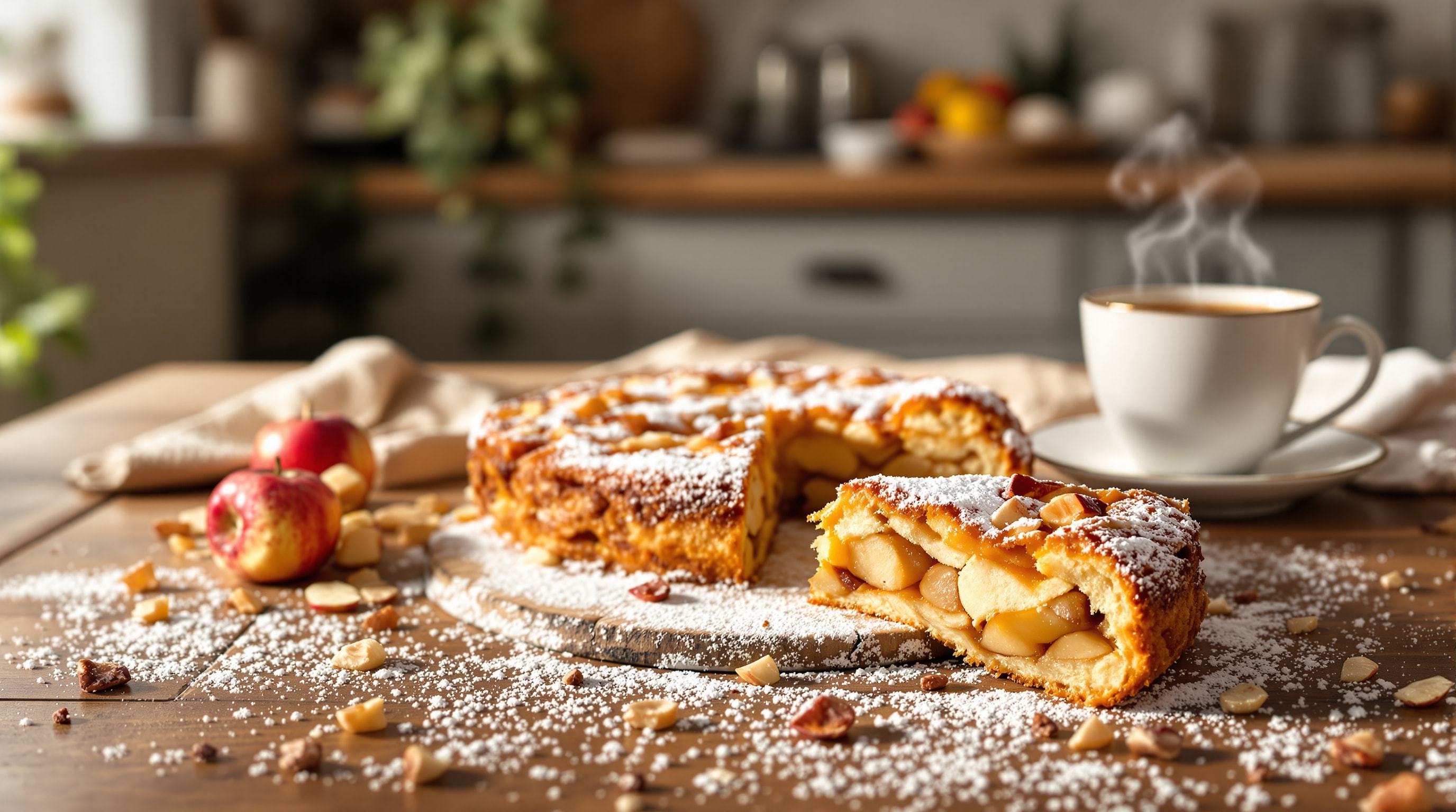 Домашняя шарлотка с яблоками, посыпанная сахарной пудрой